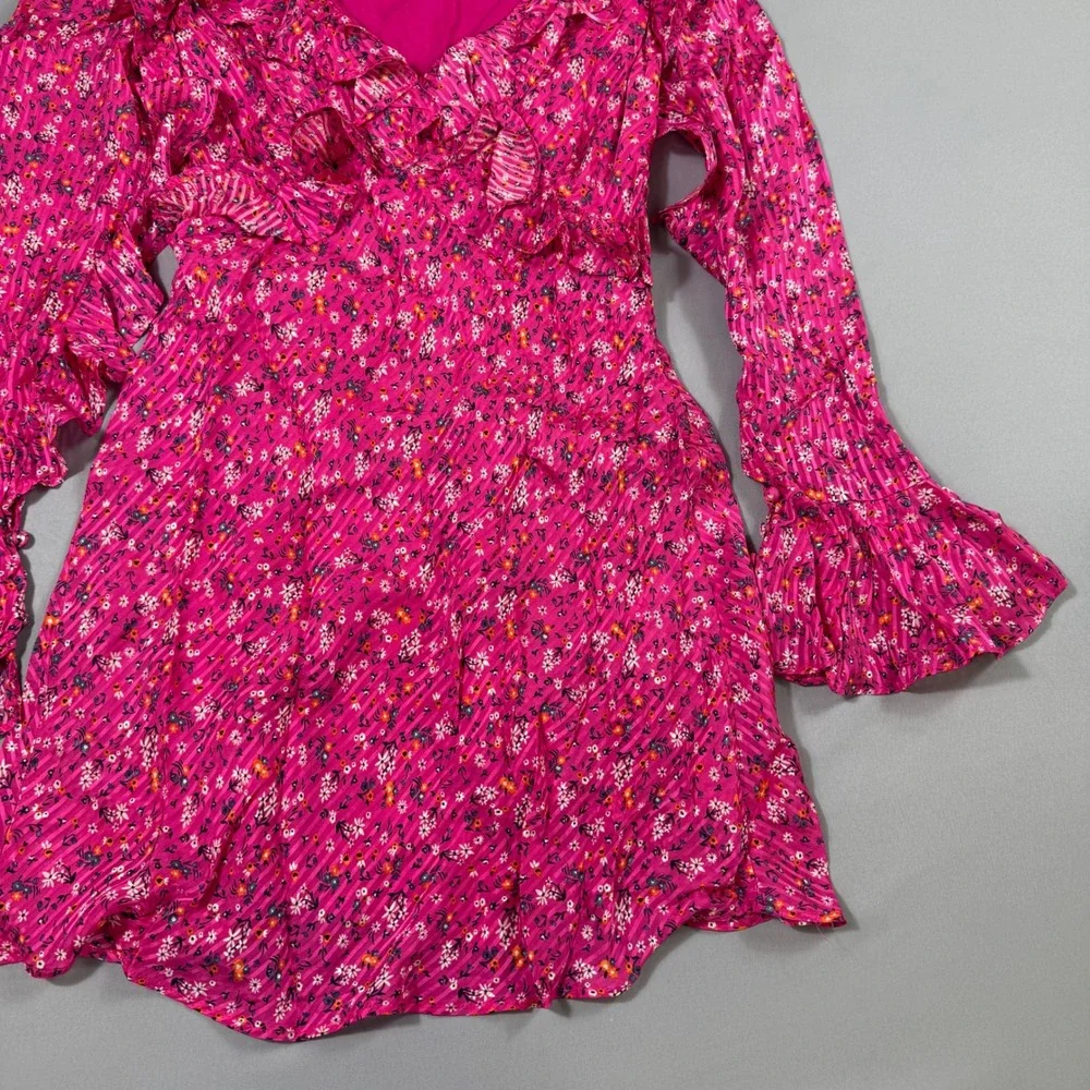Free People Mini Dress Womens Size 6 Pink Floral Ruffle Flounce Sleeve OB1240766